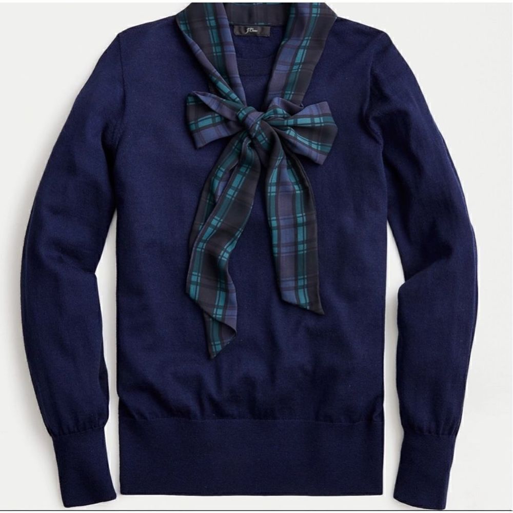 J. Crew Merino Wool Navy Blue Mockneck Sweater Tartan Scarf Tie Women’s Size XXS
